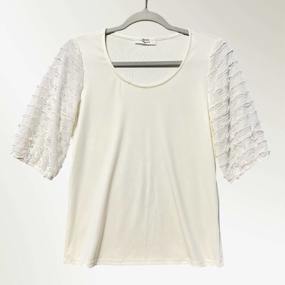 Beacon Cream Ruffled Rib Knit Tee Size Small Short Sleeve Romantic Cottagecore